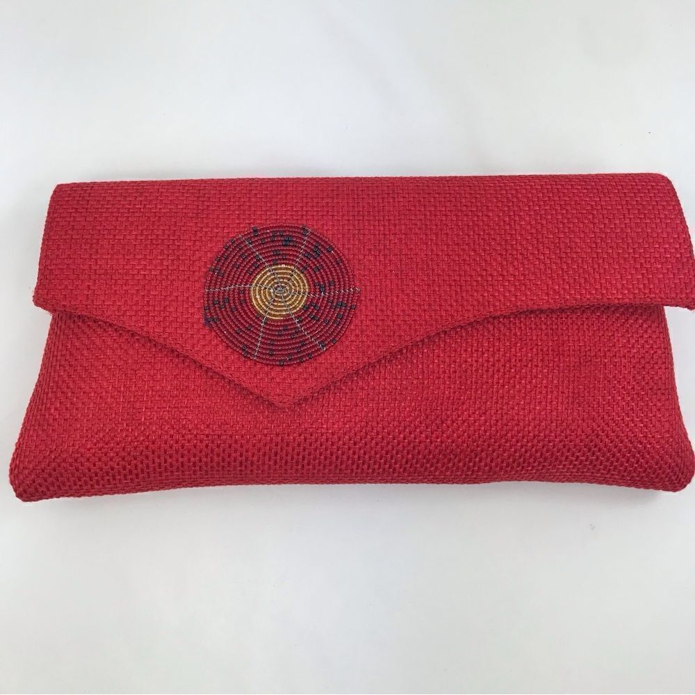 Boutique Red Burlap and Bead Medallion Summer Envelope Clutch Bag